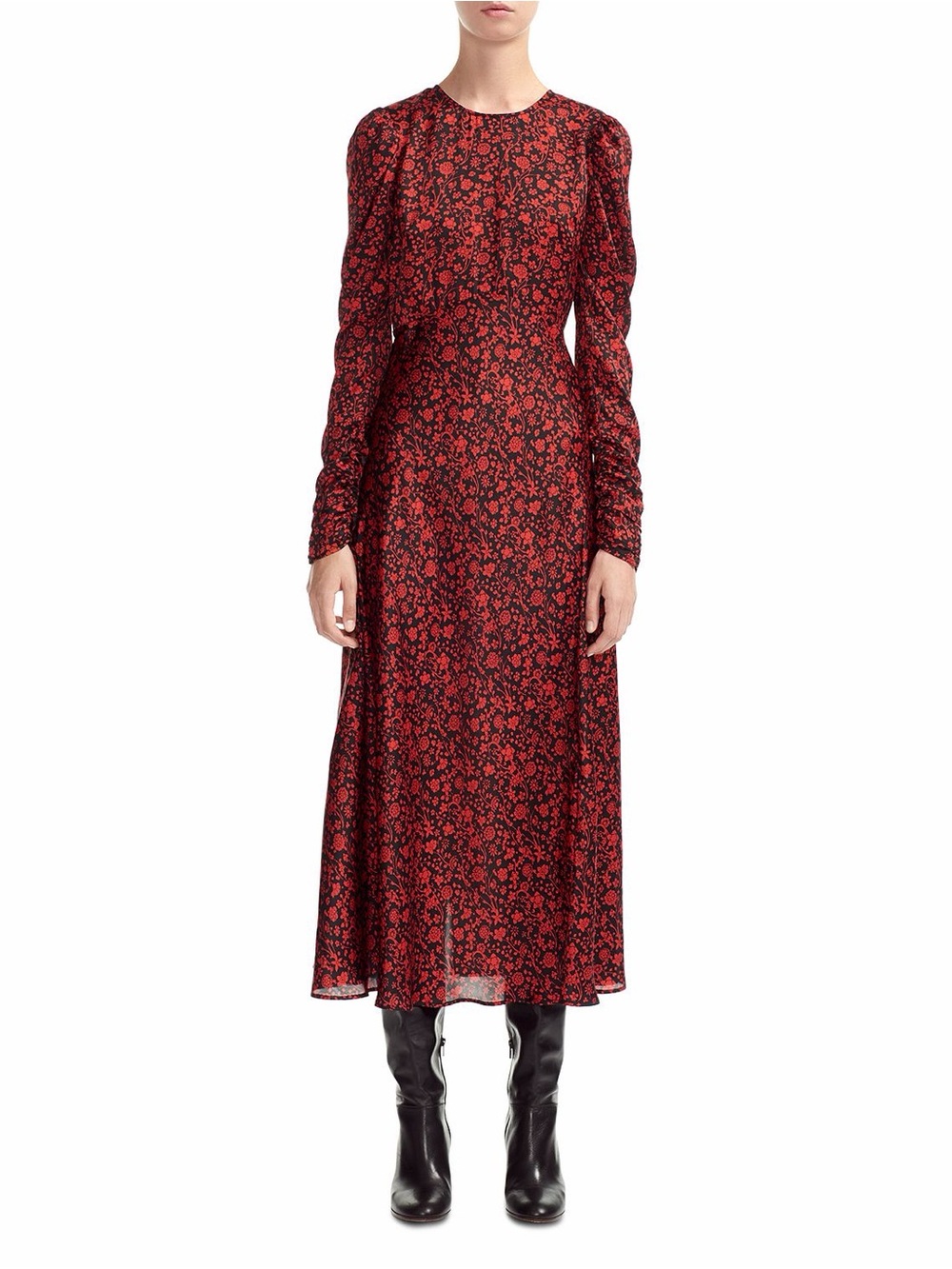 Maje Ravie Floral Print Midi Dress- Red and Black Long Sleeve